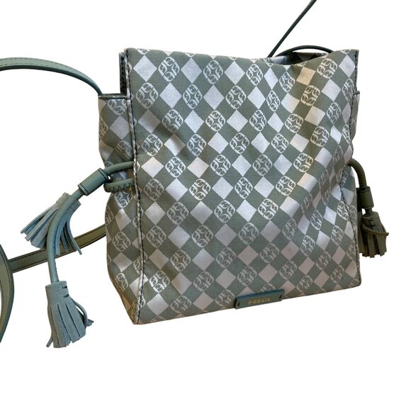 Fossil sage Green Checkered Canvas & Leather Crossbody Bag With Tassel Accents - Picture 1 of 16